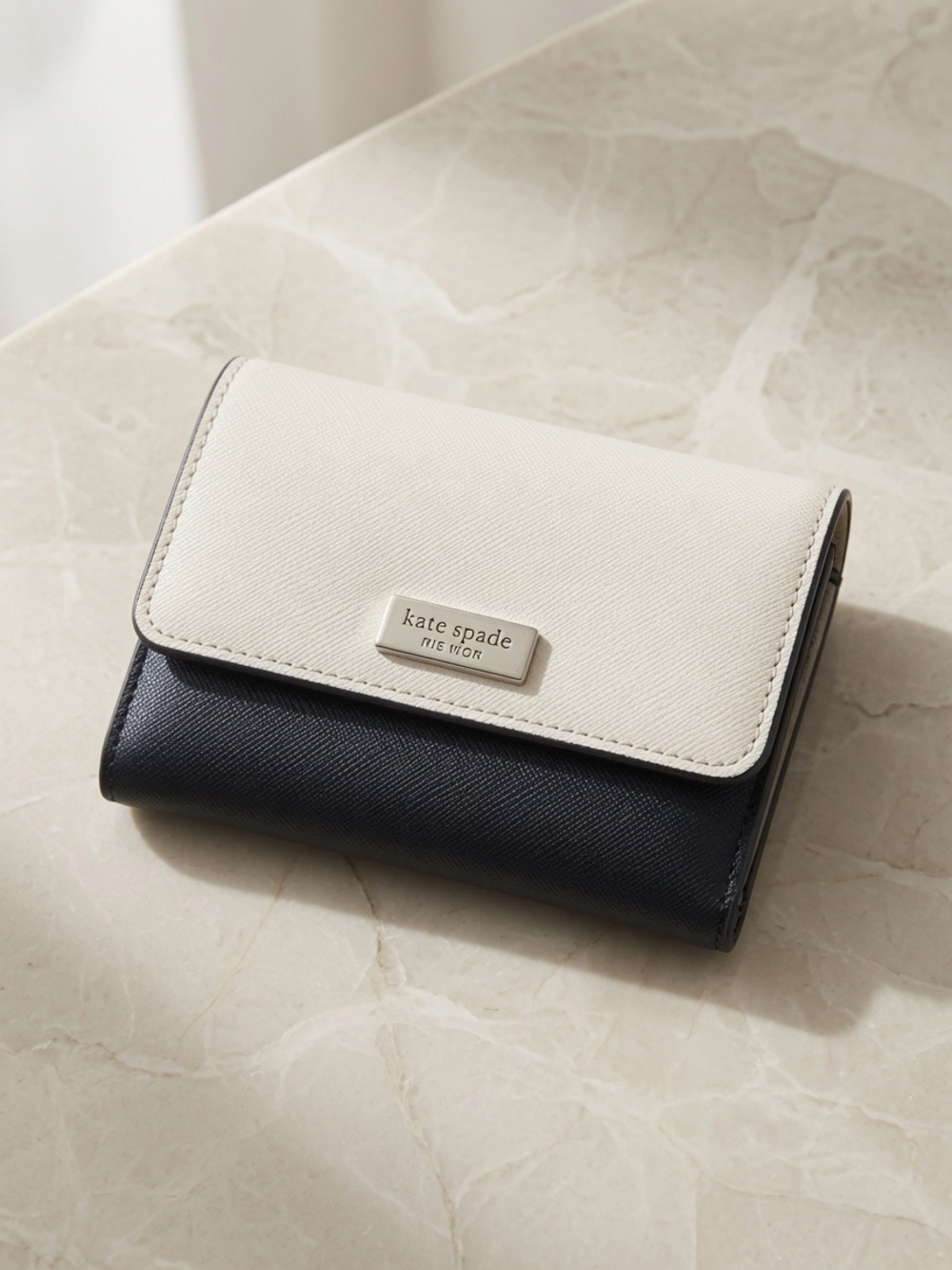 NWT Kate Spade Joy Laurel Way Trifold Small Wallet WLRU5028 - SoftPorcln/ Black